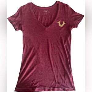 Y2K Maroon Gold Foil True Religion Womens Tee Sz M Logo Buddha Vneck Tshirt Red